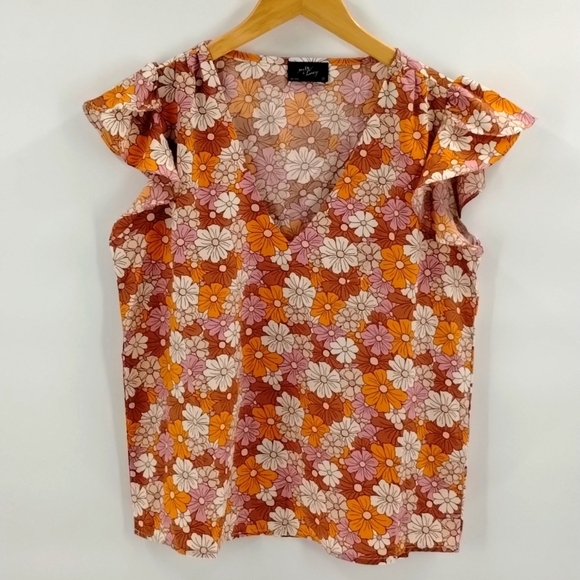 milk & honey Tops - Milk & Honey floral printed peasant top medium brown orange & white flutter